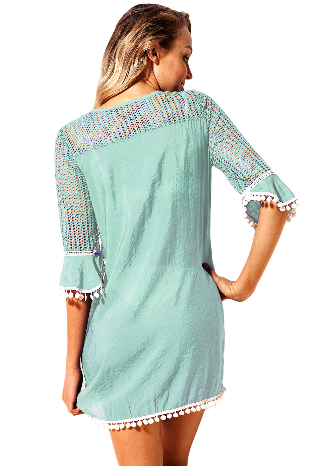 Crochet Pom Pom Trim Beach Tunic Cover up