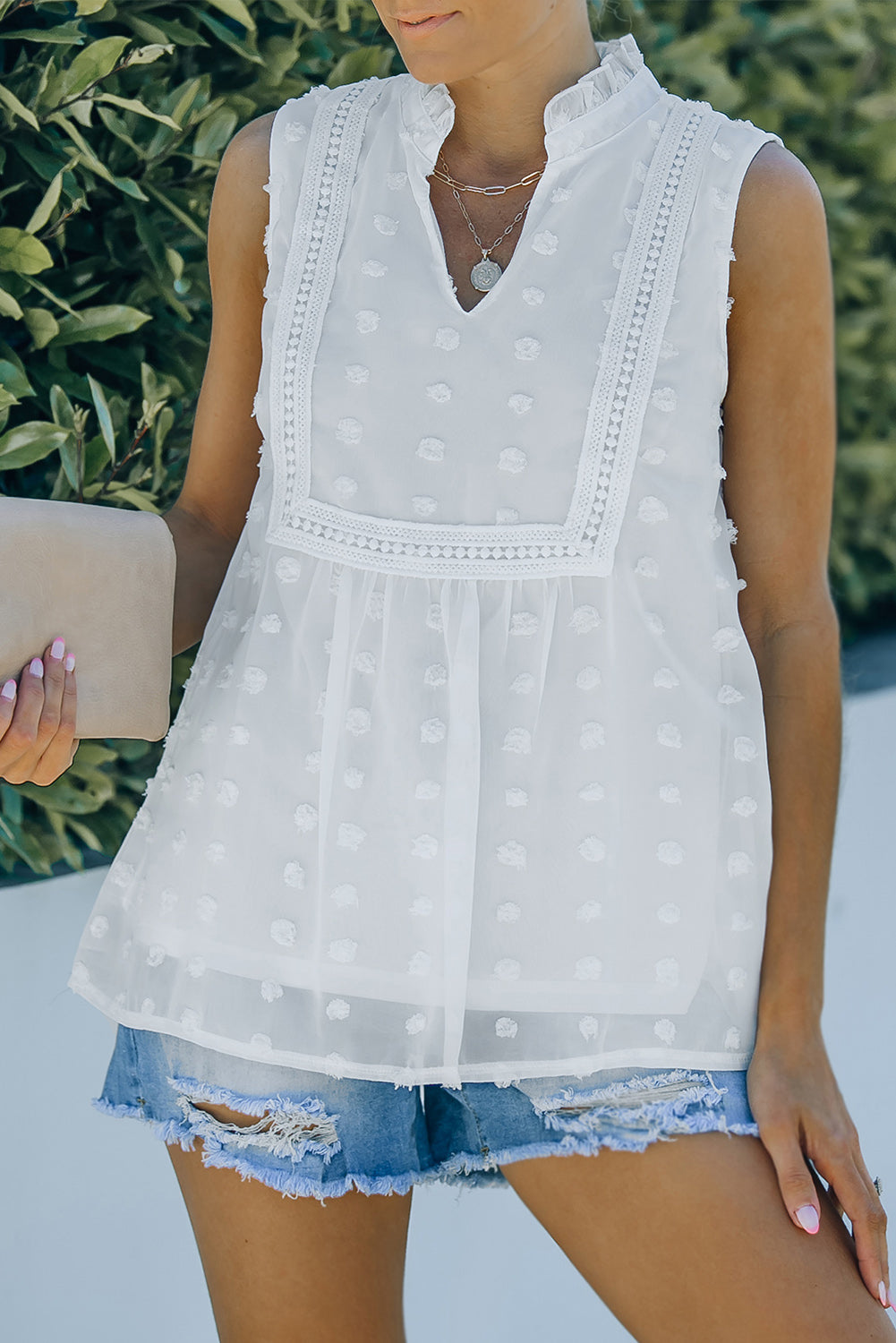 Swiss Dot Split Neck Babydoll Tank Top