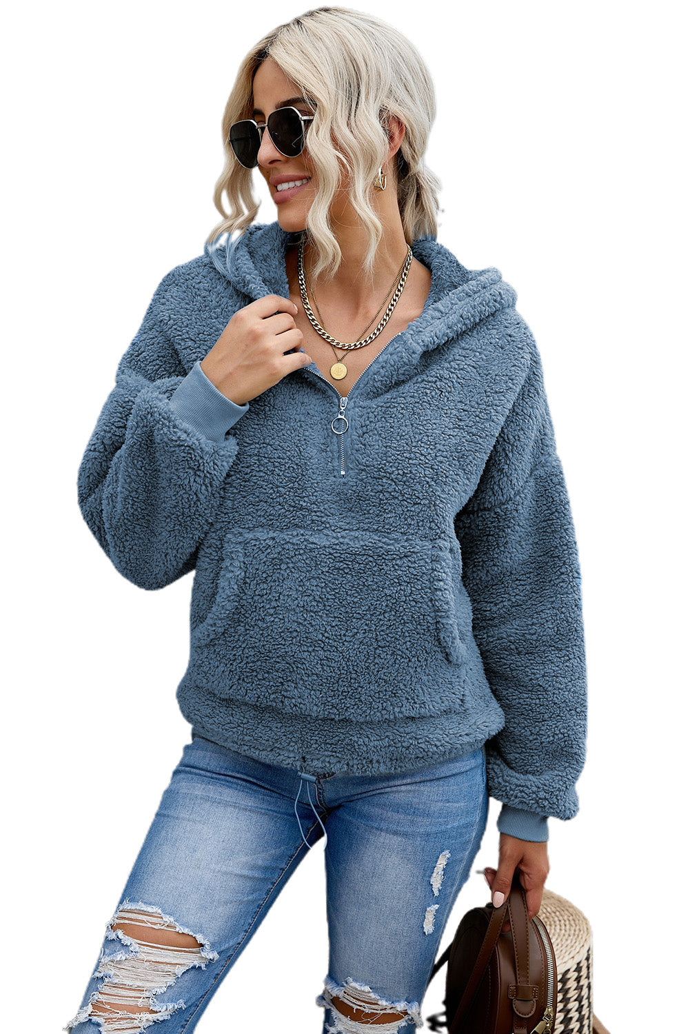 Sweat-shirt à capuche zippé 1/4 en sherpa avec kangourou