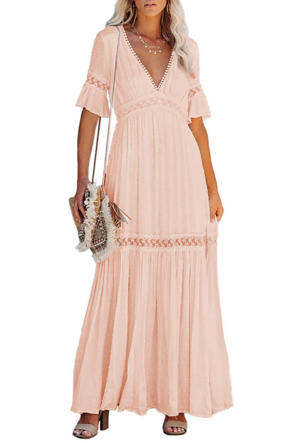 Swiss Dot Lace Trim Maxi Dress