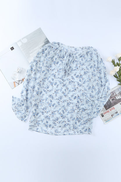 Floral Print Drawstring Long Bell Sleeve Blouse