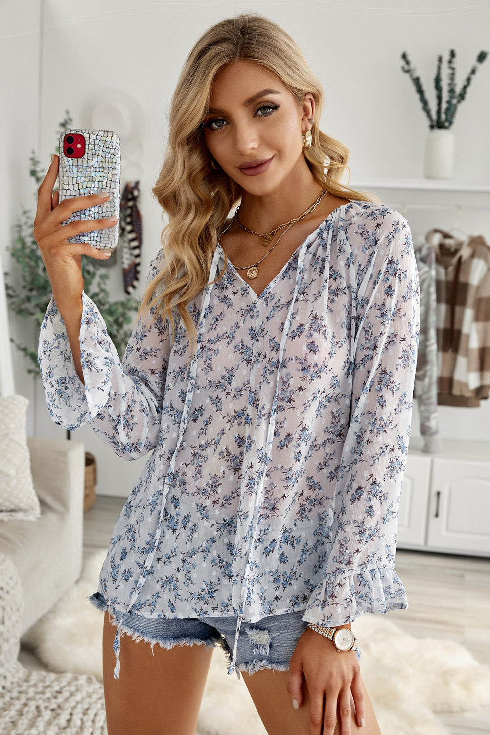 Floral Print Drawstring Long Bell Sleeve Blouse