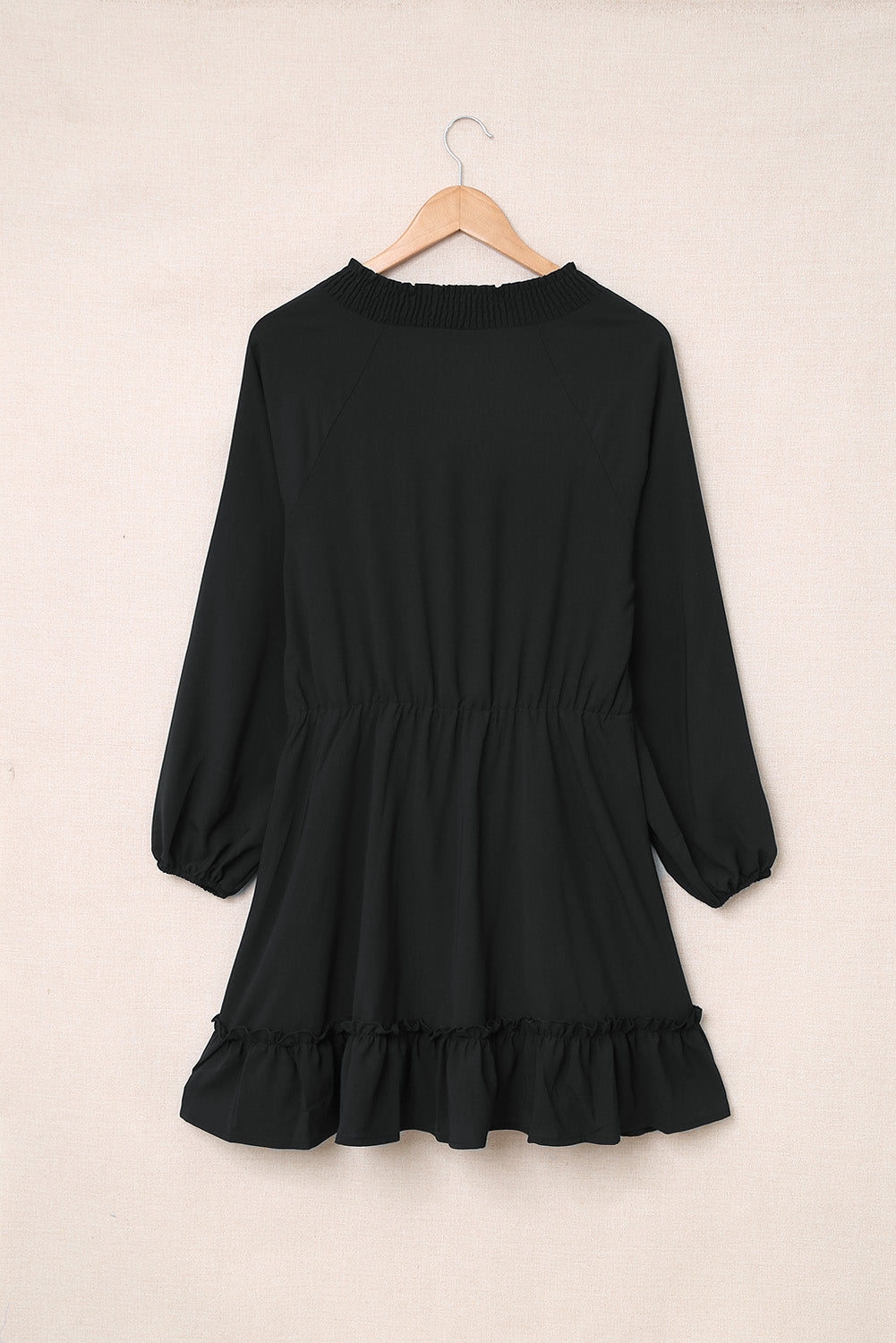 Khaki Bubble Sleeve Split Neck Ruffle Tunic Dress