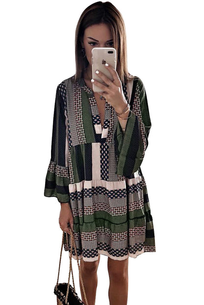 Print V neck Ruffle Swing Mini Dress