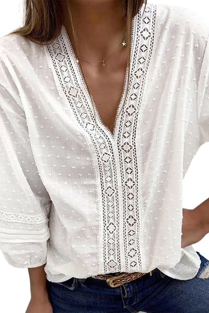 V Neck 3/4 Sleeve Swiss Dot Casual Shirt