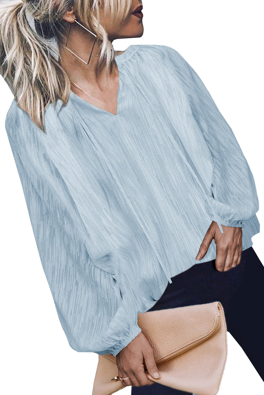 Haut uni texturé à col en V et manches lanternes 