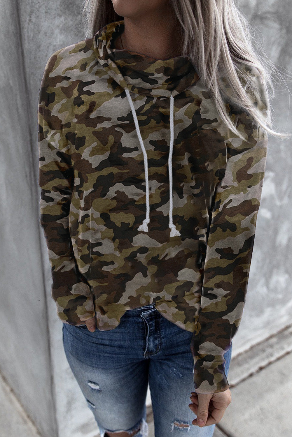 Grey Blue Camo Drawstring Sweatshirt