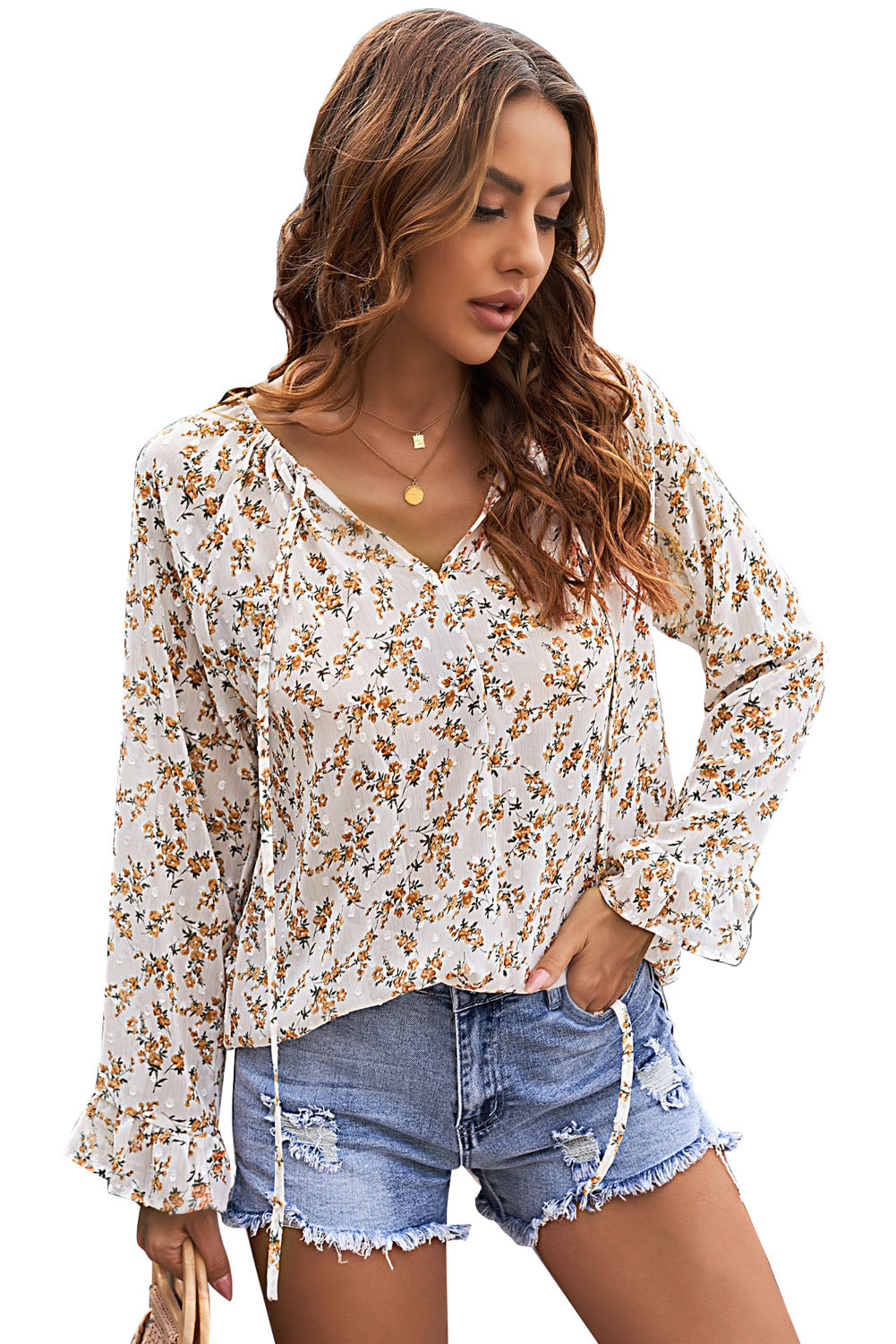 Floral Print Drawstring Long Bell Sleeve Blouse
