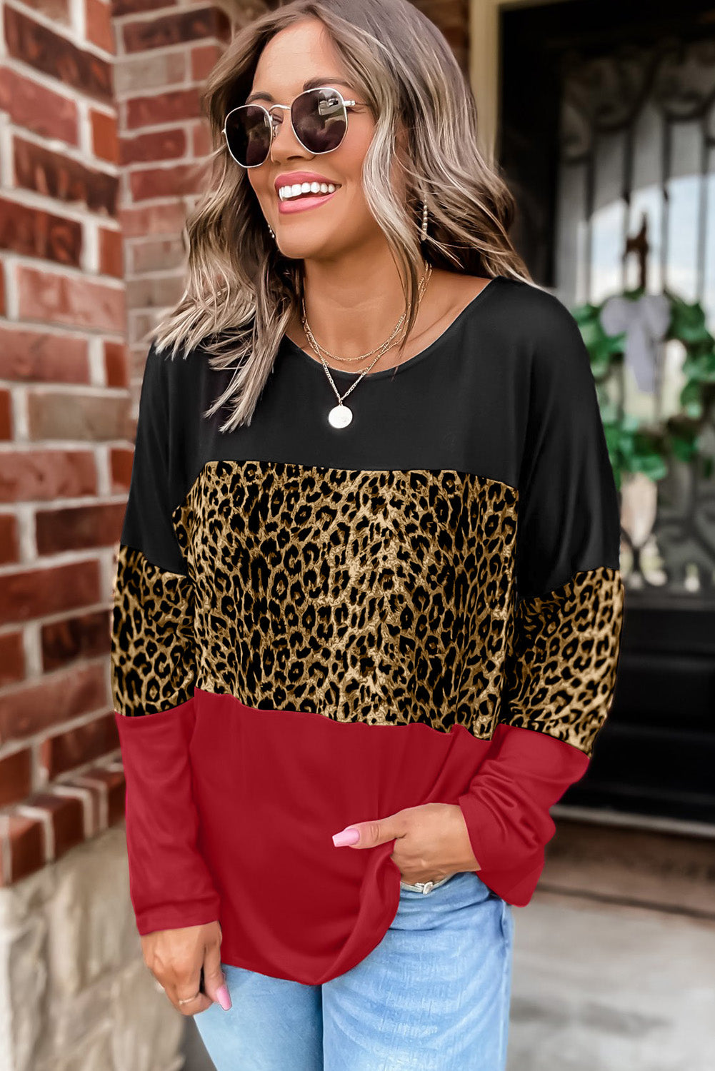 Colorblock Leopard Patchwork Long Sleeve Top