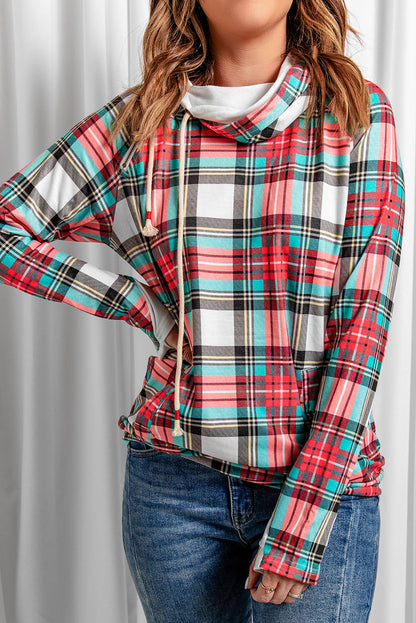 Cowl Neck Plaid Drawstring Hoodie with Thumb Hole