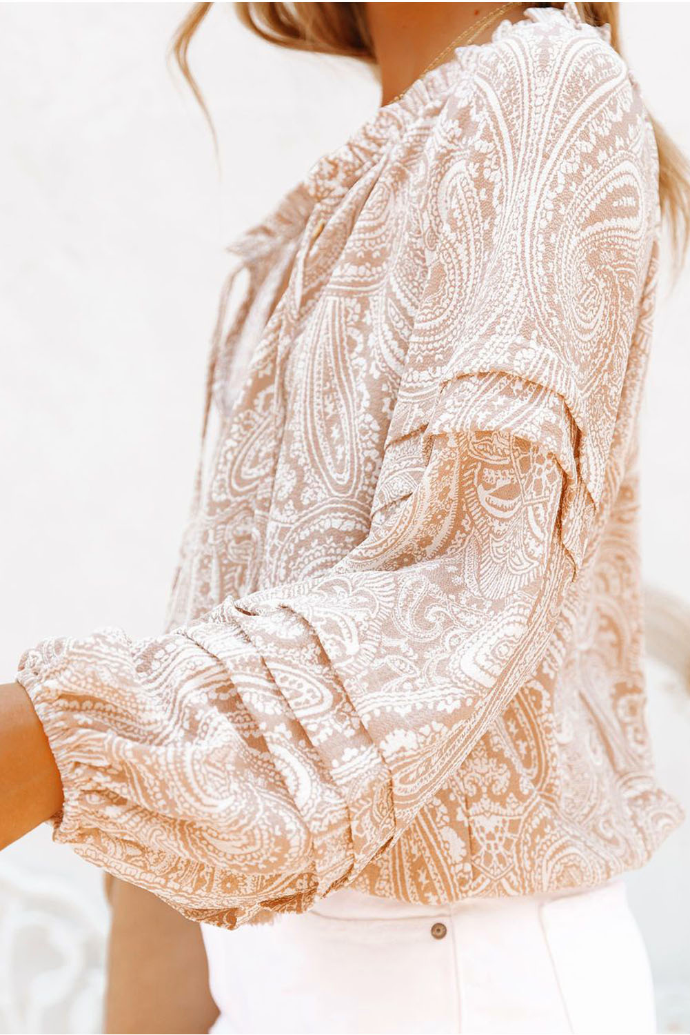 Pattern Print Drawstring Tassel Puff Sleeve Blouse