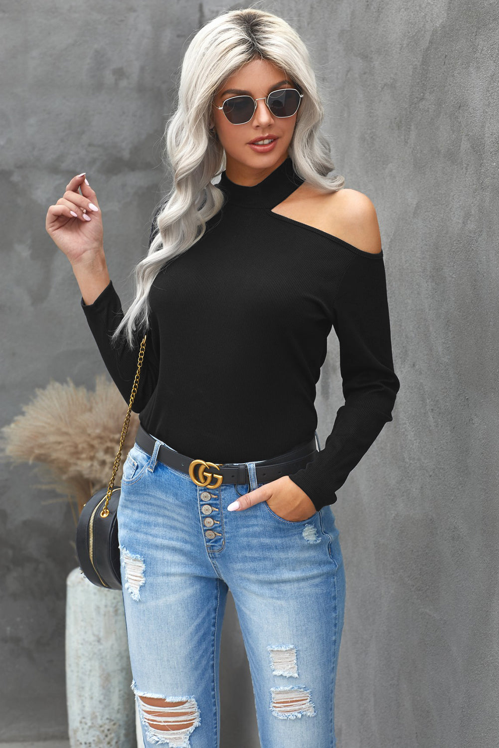 Cold Shoulder Solid Color Ribbed Texture Long Sleeve Top