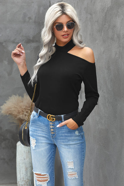 Cold Shoulder Solid Color Ribbed Texture Long Sleeve Top