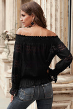 Off Shoulder Ruffle Long Sleeve Smocked Waist Lace Crochet Blouse