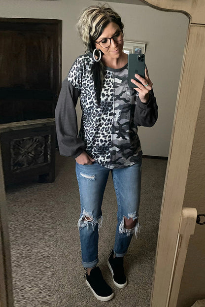 Leopard&Camo Splicing Waffle Knit Top