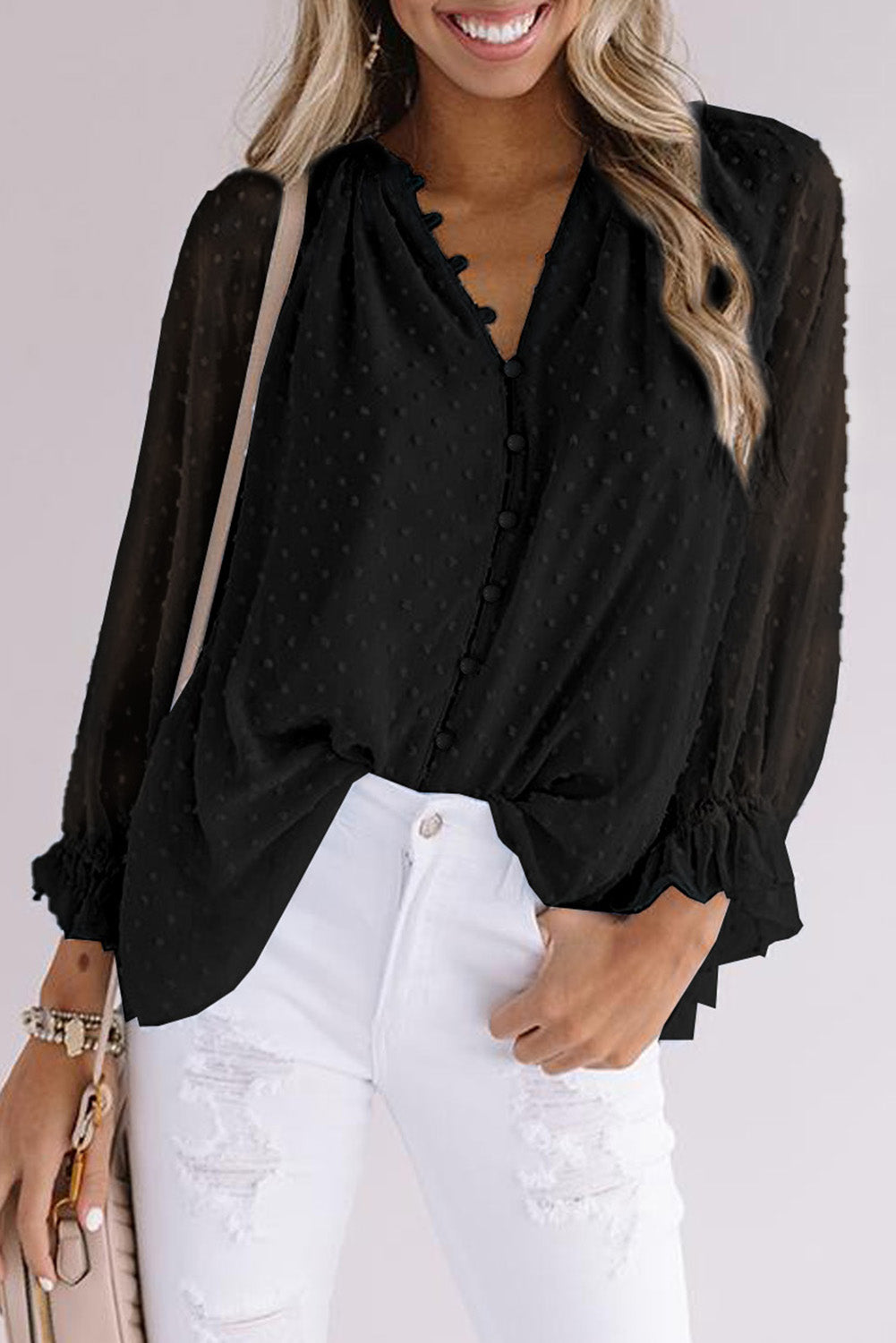 Chemise à pois suisses à boutons amples 