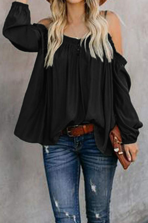 Casual Off-Shoulder Ruffled Long Sleeve Pure Colour Top
