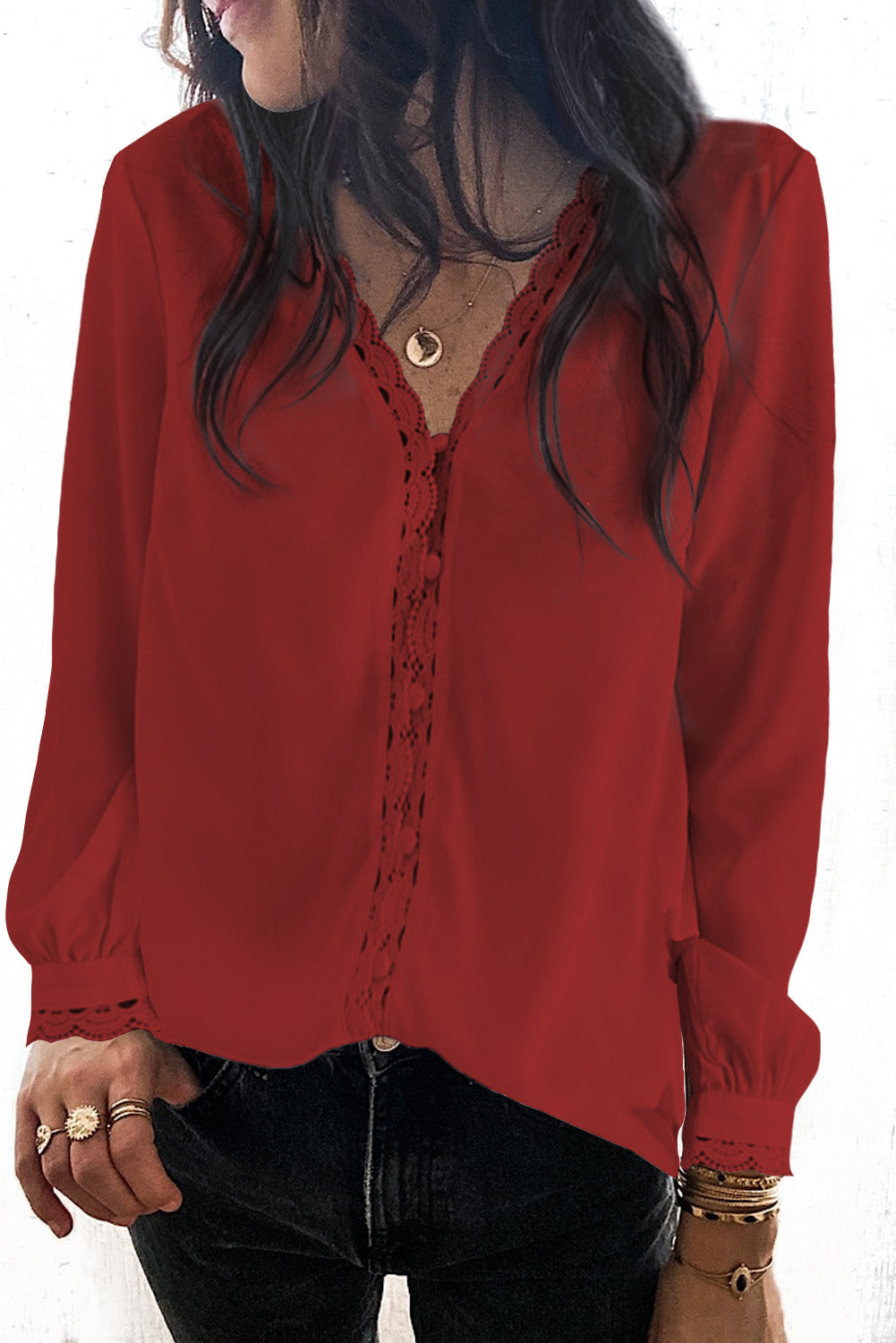 Lace Crochet Buttoned Long Sleeve Shirt