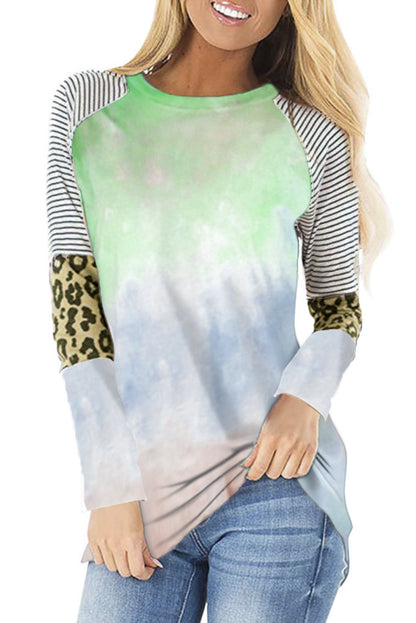 Haut à manches longues tie-dye rayé et léopard