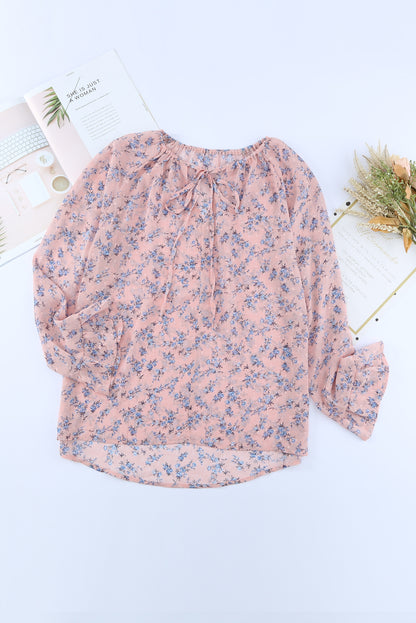 Floral Print Drawstring Long Bell Sleeve Blouse