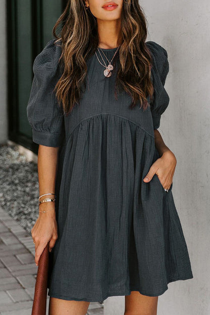 Pocketed Puff Sleeve Empire Waist Swing Short Dress