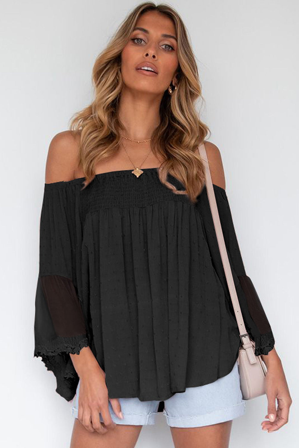 Blusa con volantes de patchwork transparente con hombros descubiertos