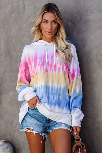 Multicolor Colorblock Tie-dye Drawstring Pullover Hoodie