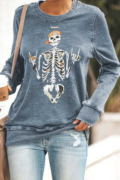Funny Skeleton Print Round Neck Halloween Sweatshirt