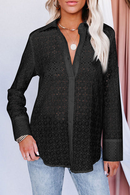 Camisa ahuecada con estampado floral de ojales de manga larga