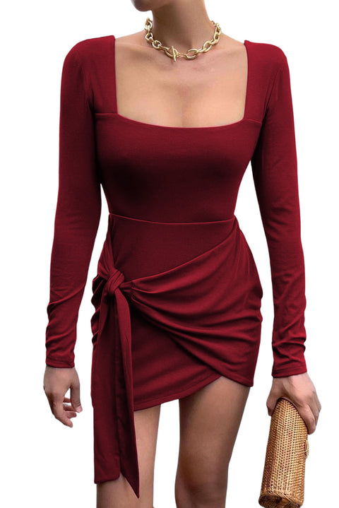 Wine Red Square Neck Tie Knot Long Sleeve Bodycon Dress