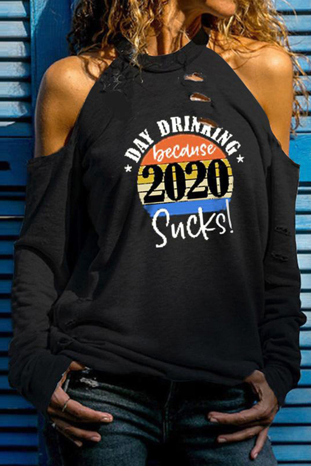 maybe drinking will help Print Cold Shoulder Cut-out Long Sleeve Top