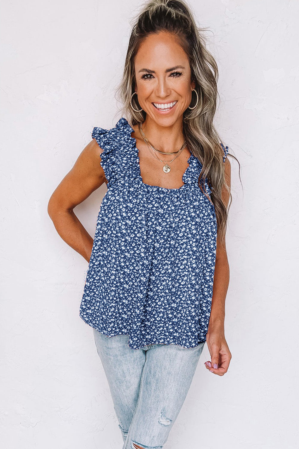 Floral Ruffled Straps Flowy Tank Top