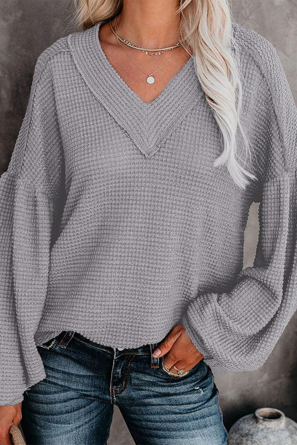 Billowed Sleeve Thermal Knit Top - HannaBanna Clothing