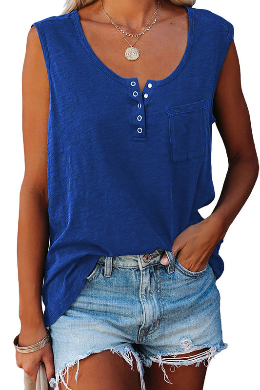 Snap Buttons Scoop Neck Tank with Pocket
