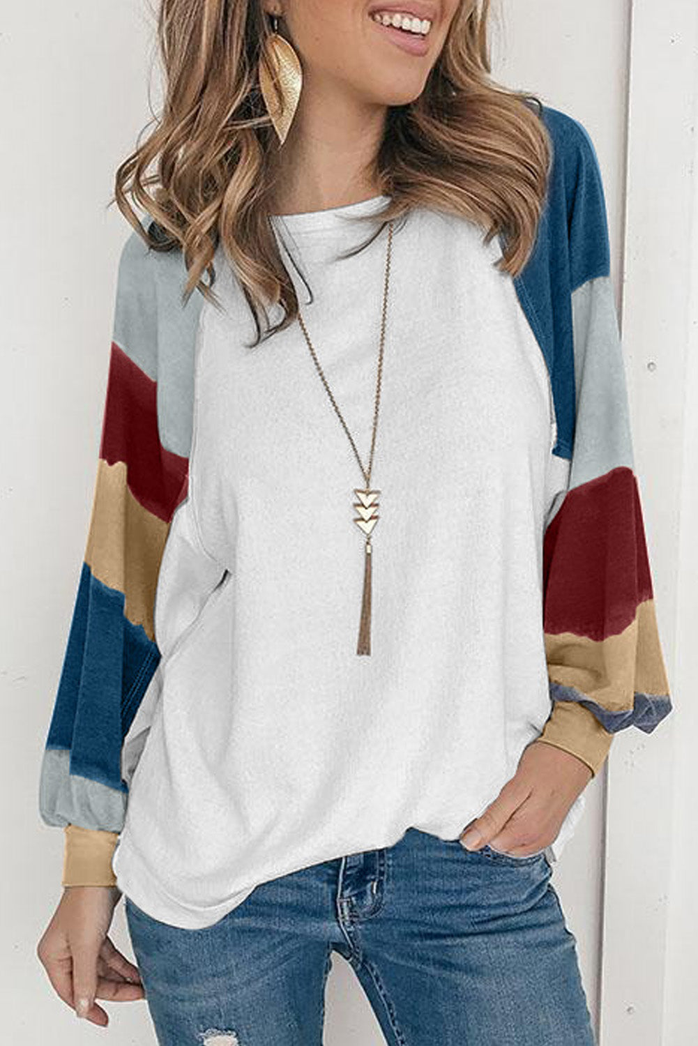 Camisetas holgadas de manga farol con bloque de color