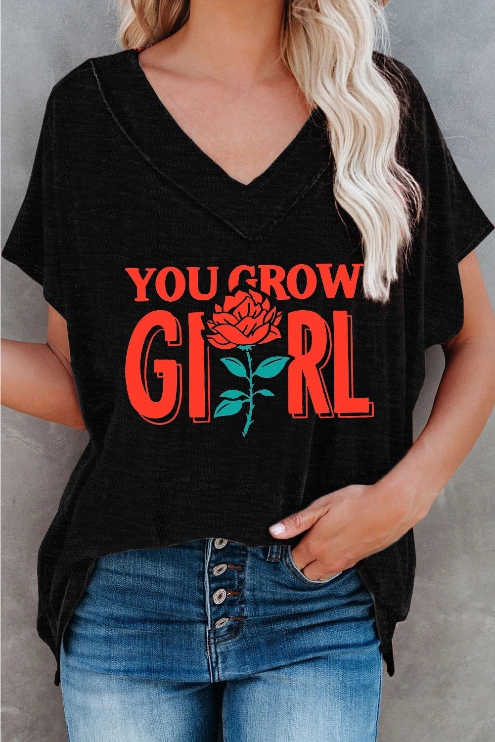 Haut oversize à manches courtes et col en V en mélange de coton délavé minéral 