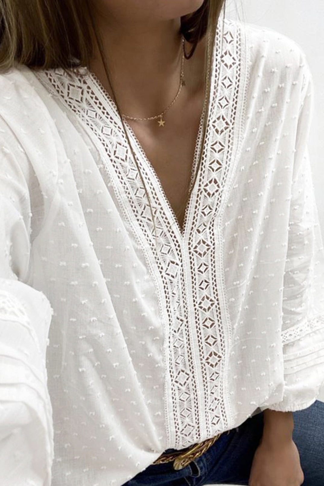 V Neck 3/4 Sleeve Swiss Dot Casual Shirt