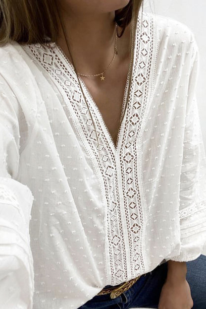 V Neck 3/4 Sleeve Swiss Dot Casual Shirt