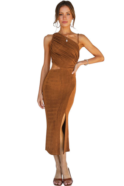 Velvet One Shoulder Sleeveless Cut out Sheath Midi Dress