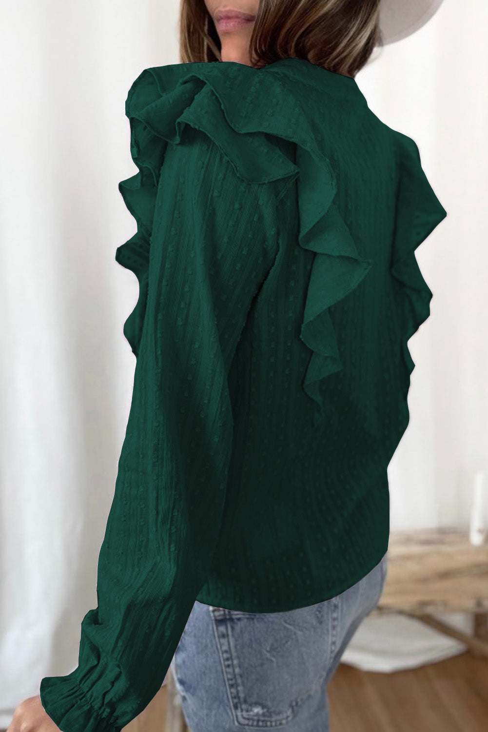 Camisa con mangas de burbujas y volantes transparentes con textura punteada