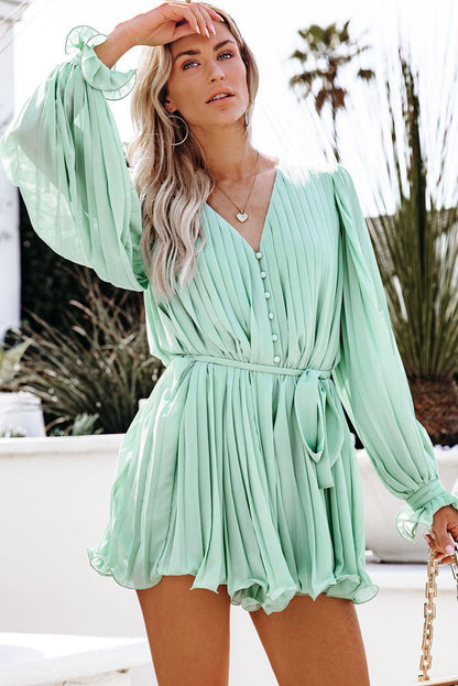 Pleated Ruffled Tie Waist Buttons V Neck Romper