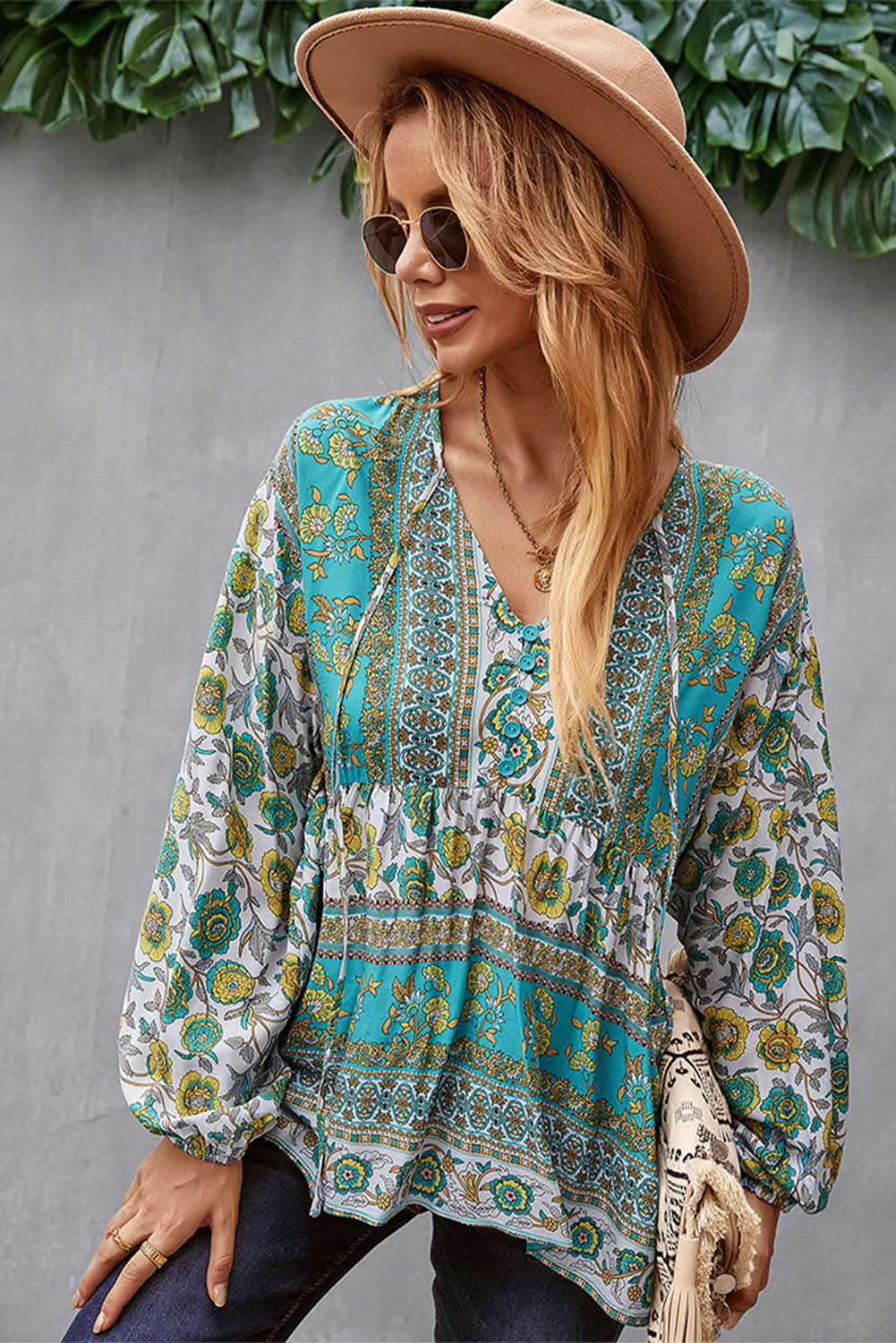 Floral Print Loose Drawstring V Neck Blouse