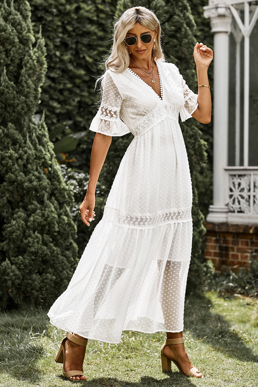 Swiss Dot Lace Trim Maxi Dress