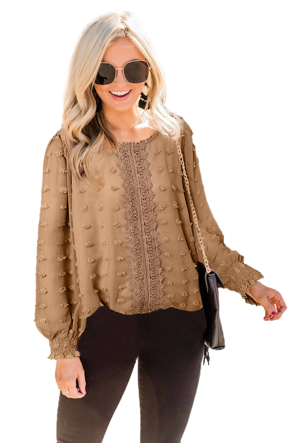 Blusa con manga farol y encaje de lunares