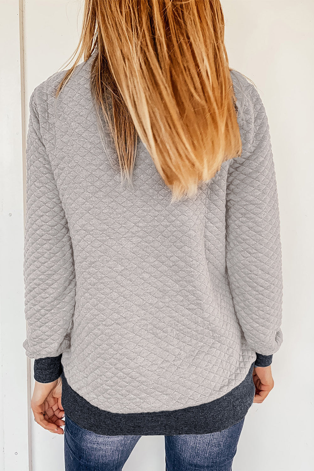 Dark Gray Quilted Snaps Stand Neck Sweatshirt with Fake Front Pocket