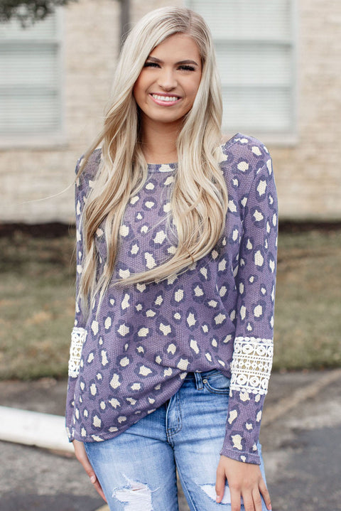 Lace Hollow-out Waffle Knit Long Sleeve Top