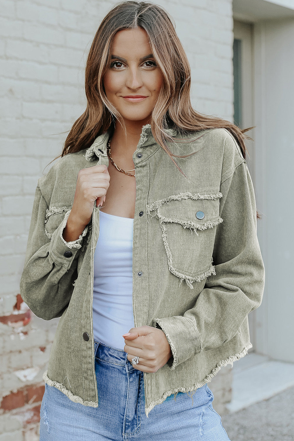 Distressed Flap Pockets Frayed Hemline Denim Jacket