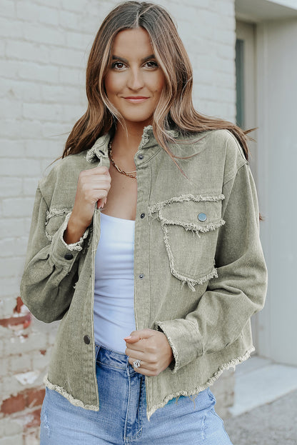 Distressed Flap Pockets Frayed Hemline Denim Jacket