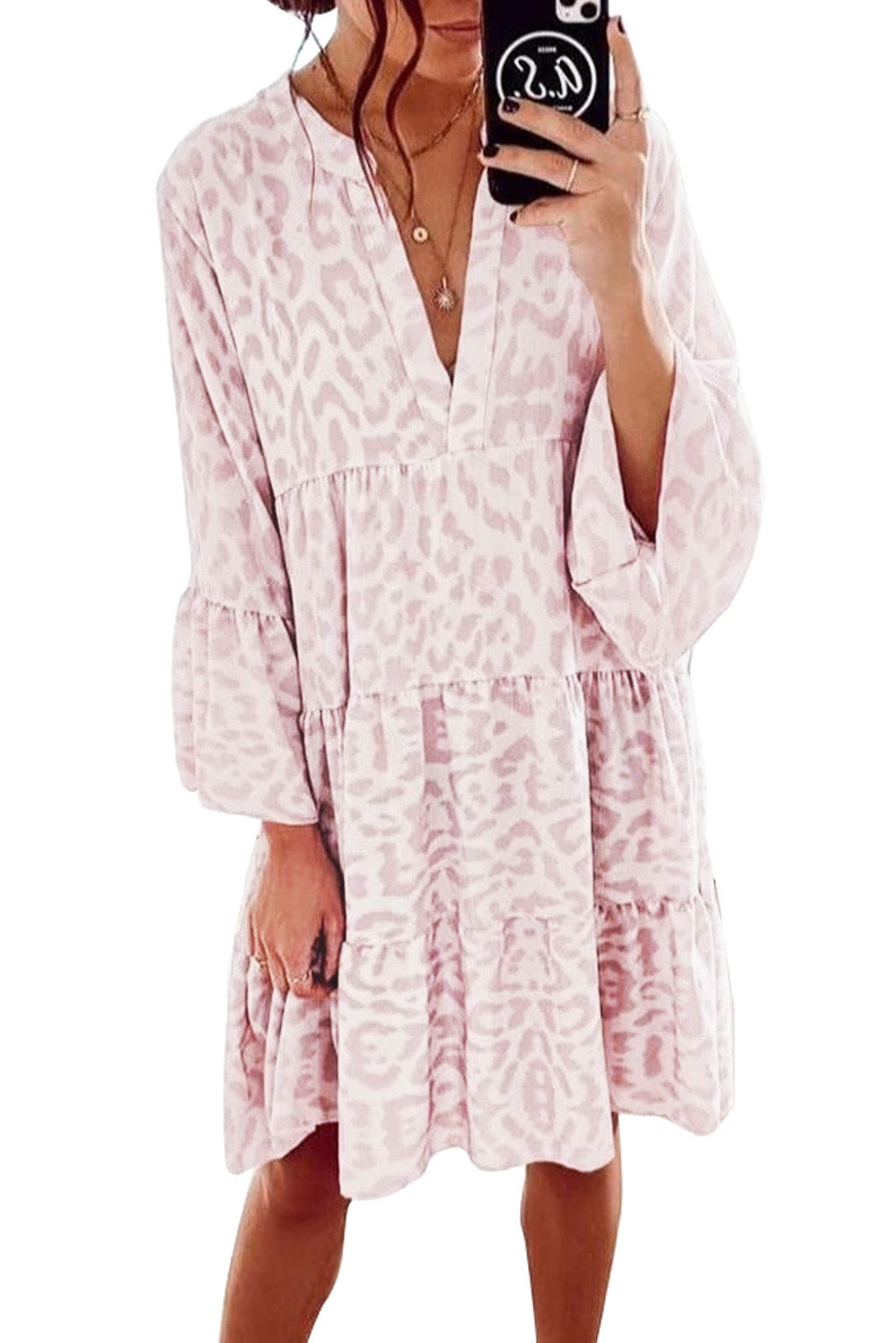 Print V neck Ruffle Swing Mini Dress