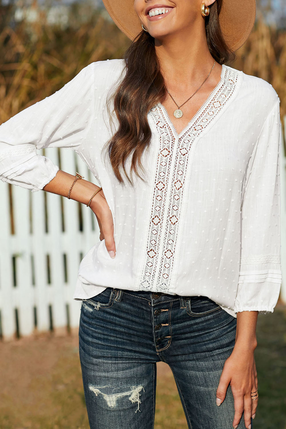 V Neck 3/4 Sleeve Swiss Dot Casual Shirt